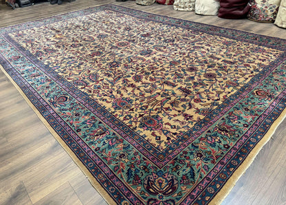 Rare Antique Persian Samarkand Rug 10x15 Camel And Cyan Allover Pattern