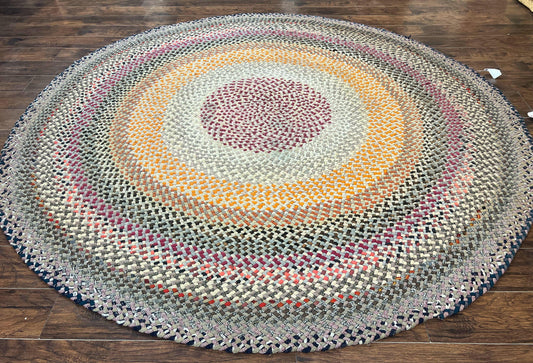 American Braided Wool Rug 9x9 Vintage Multicolor Handmade Carpet