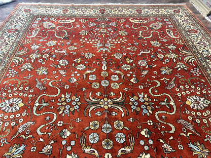 Romanian Rug Vintage Hand Knotted Wool Carpet 10x13 Floral Birds Red Cream Signed Masterweaver
