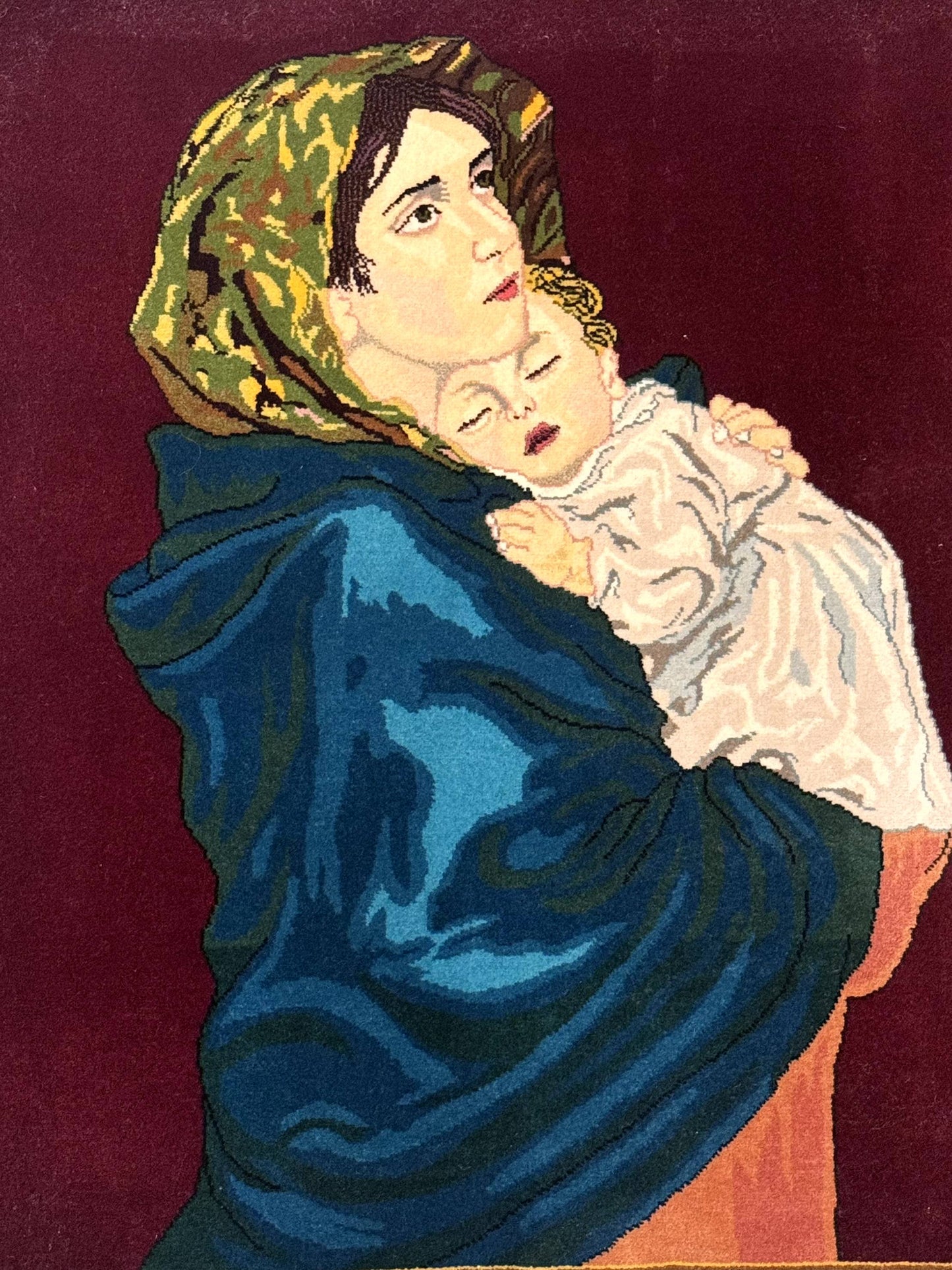 Persian Tabriz Pictorial Rug 2x2 Mother Holding Child Very Fine 340 KPSI Maroon