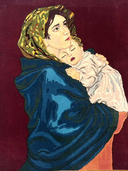 Persian Tabriz Pictorial Rug 2x2 Mother Holding Child Very Fine 340 KPSI Maroon