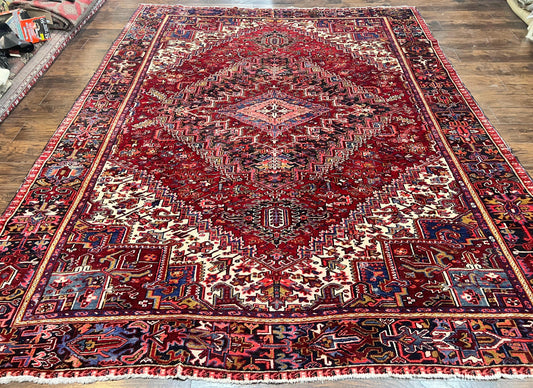 Persian Heriz Rug 9x11ft Hand Knotted Wool Geometric Semi Antique Oriental Carpet