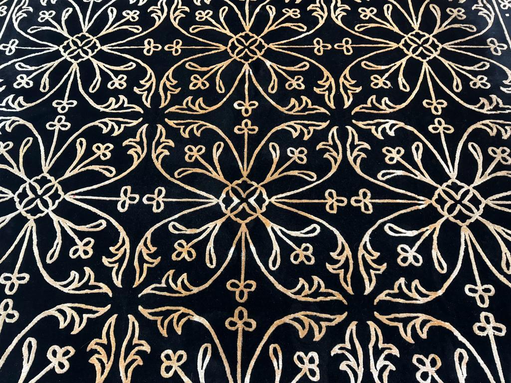 Tibetan Rug 8x10 Wool Silk Handmade With Raised Pattern Black And Gold Floral