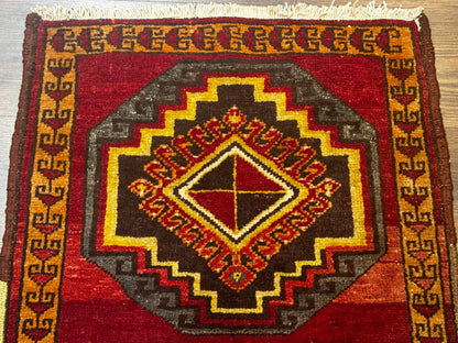 Turkish Yastik Rug 2x3 Antique Red Wool With Double Medallions Geometric Design