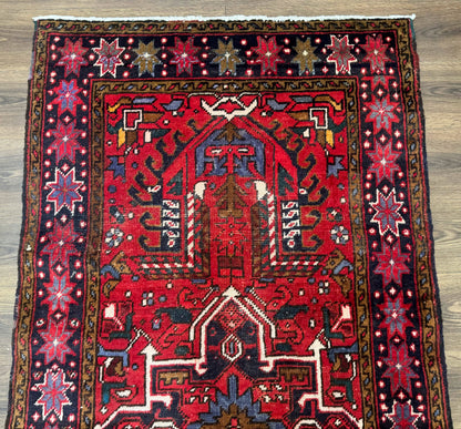 Persian Heriz Karajeh Runner Rug 3.7 x 12 ft Red Navy Geometric Medallions