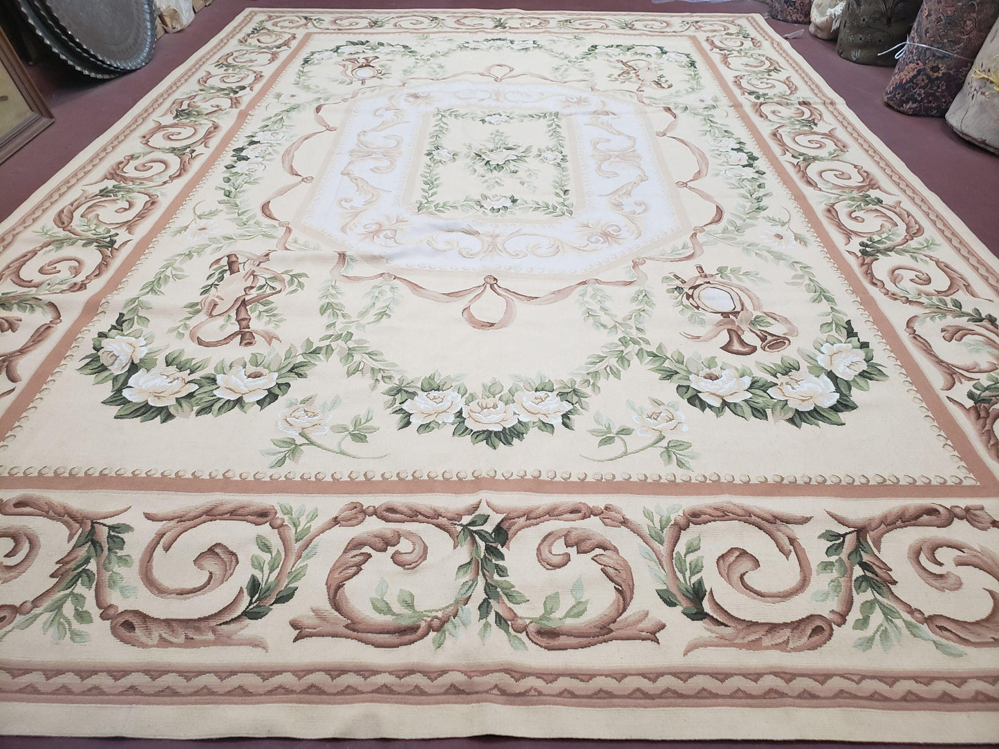 Aubusson Rug 10 X 14 Handwoven Wool Carpet Cream Ivory European Style