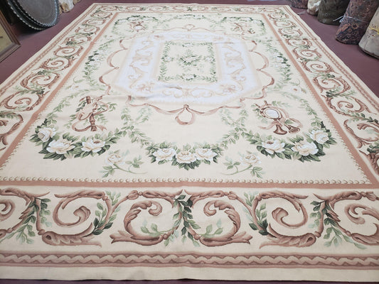 Aubusson Rug 10 X 14 Handwoven Wool Carpet Cream Ivory European Style