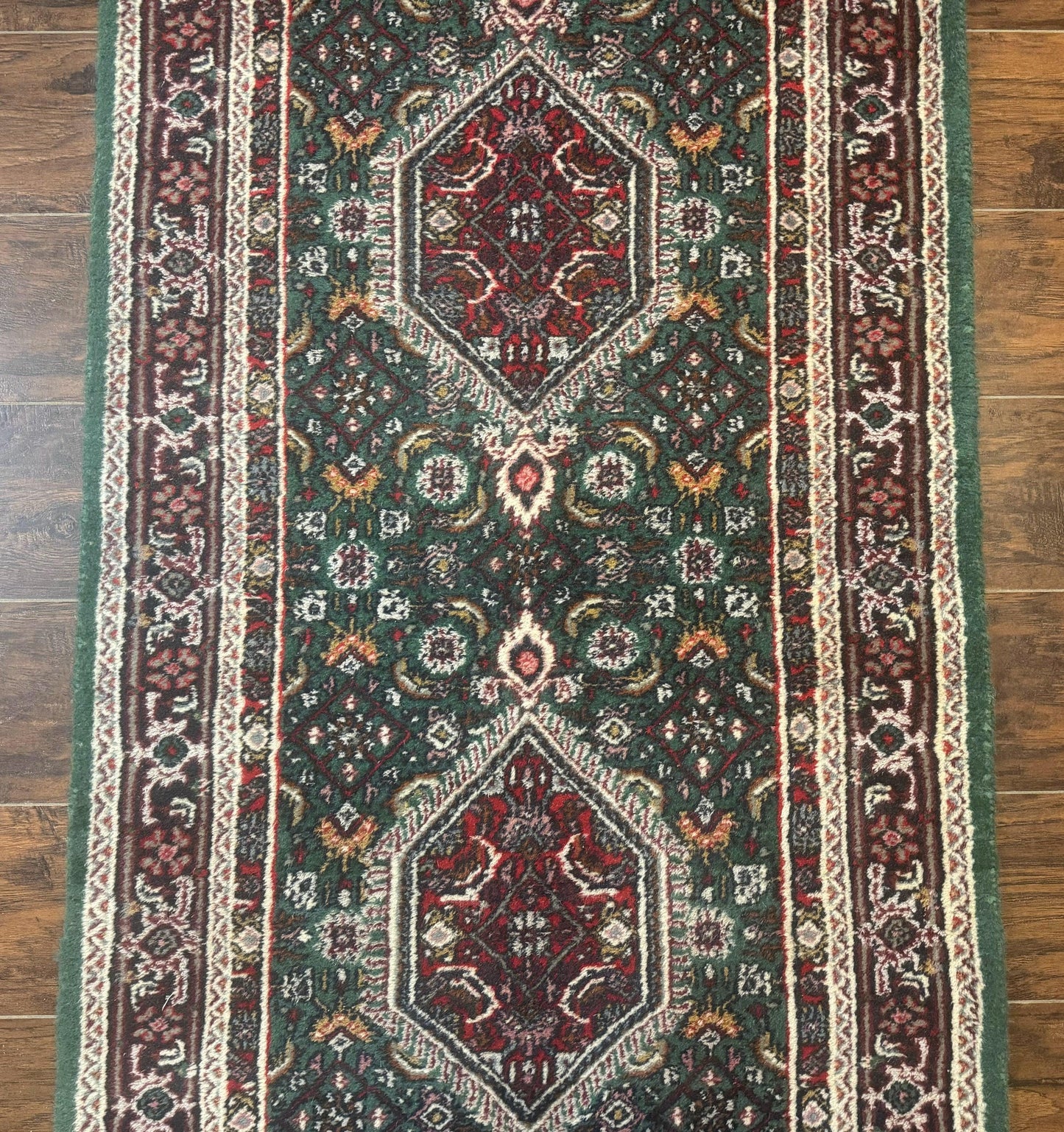 Indo Persian Bidjar Runner Rug 3x10 Green Red Hand Knotted Wool