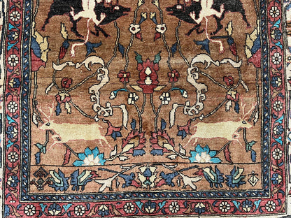 Afghan Silk Rug 4x6 Hunting Pattern With Animal Motifs Light Brown Cream