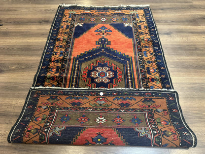 Persian Nahavand Rug 3x6 Geometric Medallion Village Tribal Design In Terracotta And Navy