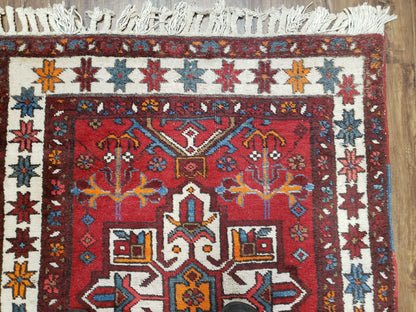 Antique Persian Heriz Karajeh Runner Rug Hand Knotted Wool Red 3 Ft 3 In By 10 Ft 11 In