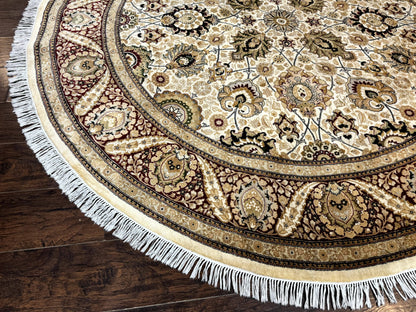 Round Persian Wool Rug 8x8 Handmade Vintage Carpet Beige Dark Red KPSI 270