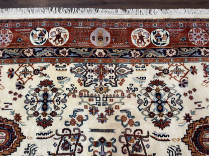 Indo Chinese Wool Rug 9x12 Ivory And Rust Red Dragon Motifs Hand Knotted