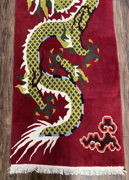 Vintage Chinese Dragon Rug 3x6.8 Handmade Hand Knotted Red Gold Dragon Art Deco Runner