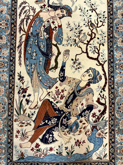 Persian Isfahan Pictorial Rug Two Lovers Kork Wool On Silk Foundation Ivory And Light Blue 500 KPSI Super Fine