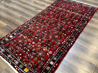 Red Persian Rug Hamadan 4x7 Vintage Wool Village Carpet With Floral Geometric Border
