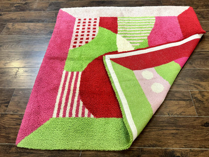 European Shag Rug 4.8 x 4.8 Modern Abstract Loomed Wool Square Rug In Green Pink Red
