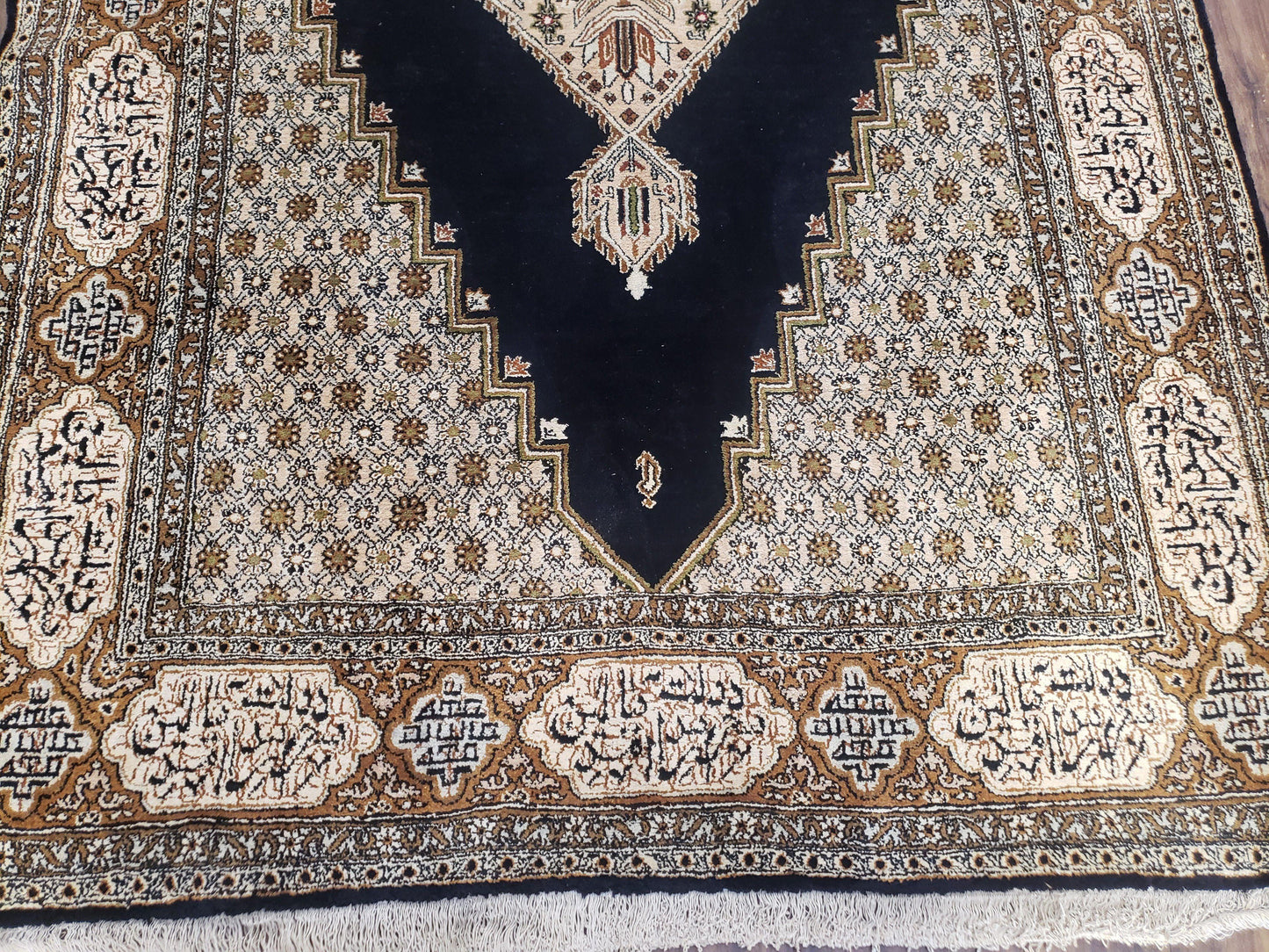 Persian Silk Qum Rug Hand Knotted Silk On Silk Luxury Vintage Area Rug Black Gold Beige 3 Ft 6 In By 5 Ft 5 In