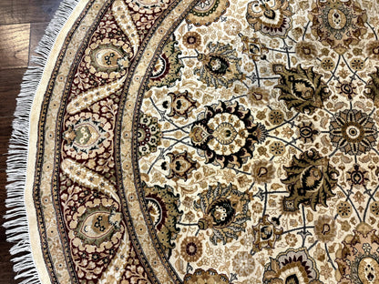 Round Persian Wool Rug 8x8 Handmade Vintage Carpet Beige Dark Red KPSI 270