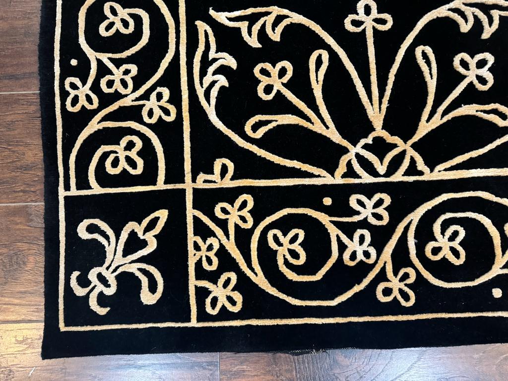 Tibetan Rug 8x10 Wool Silk Handmade With Raised Pattern Black And Gold Floral