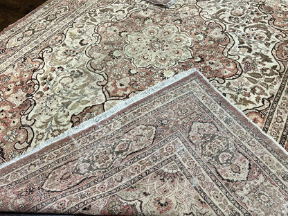 Antique Persian Tabriz Rug 10x12 Hand Knotted Wool Carpet Floral Medallion Beige and Light Red