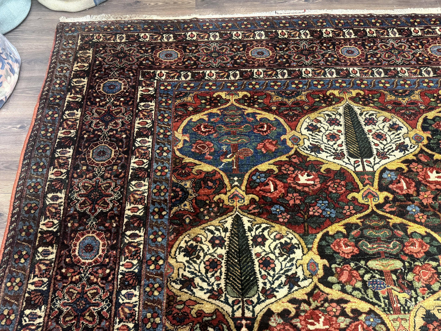 Persian Bakhtiari Rug Antique 12x19 Hand Knotted Wool Panel Design Peacocks Multicolor