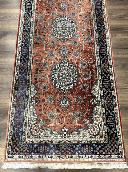 Turkish Silk Runner Rug 3x8 Hand Knotted Red Floral Medallions Vintage Kayseri
