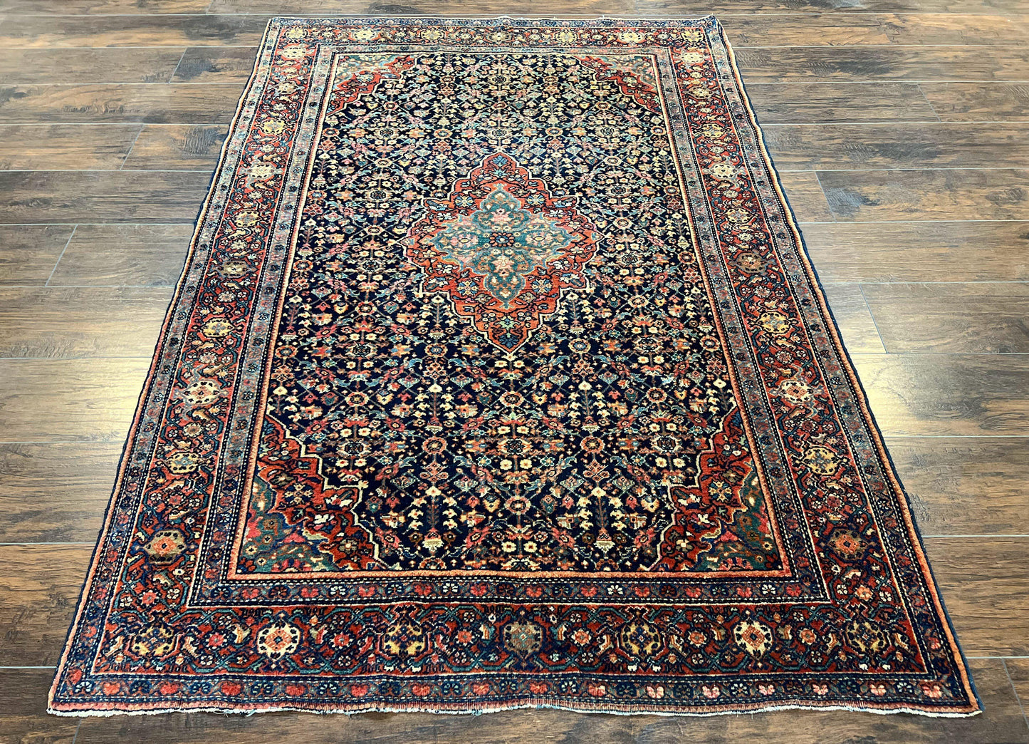 Persian Rug 4x7 Antique Sarouk Farahan Wool Carpet Navy Blue Red