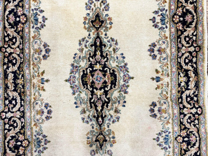 Persian Kirman Rug 4x7 Hand Knotted Wool Antique Carpet Beige Medallion Design