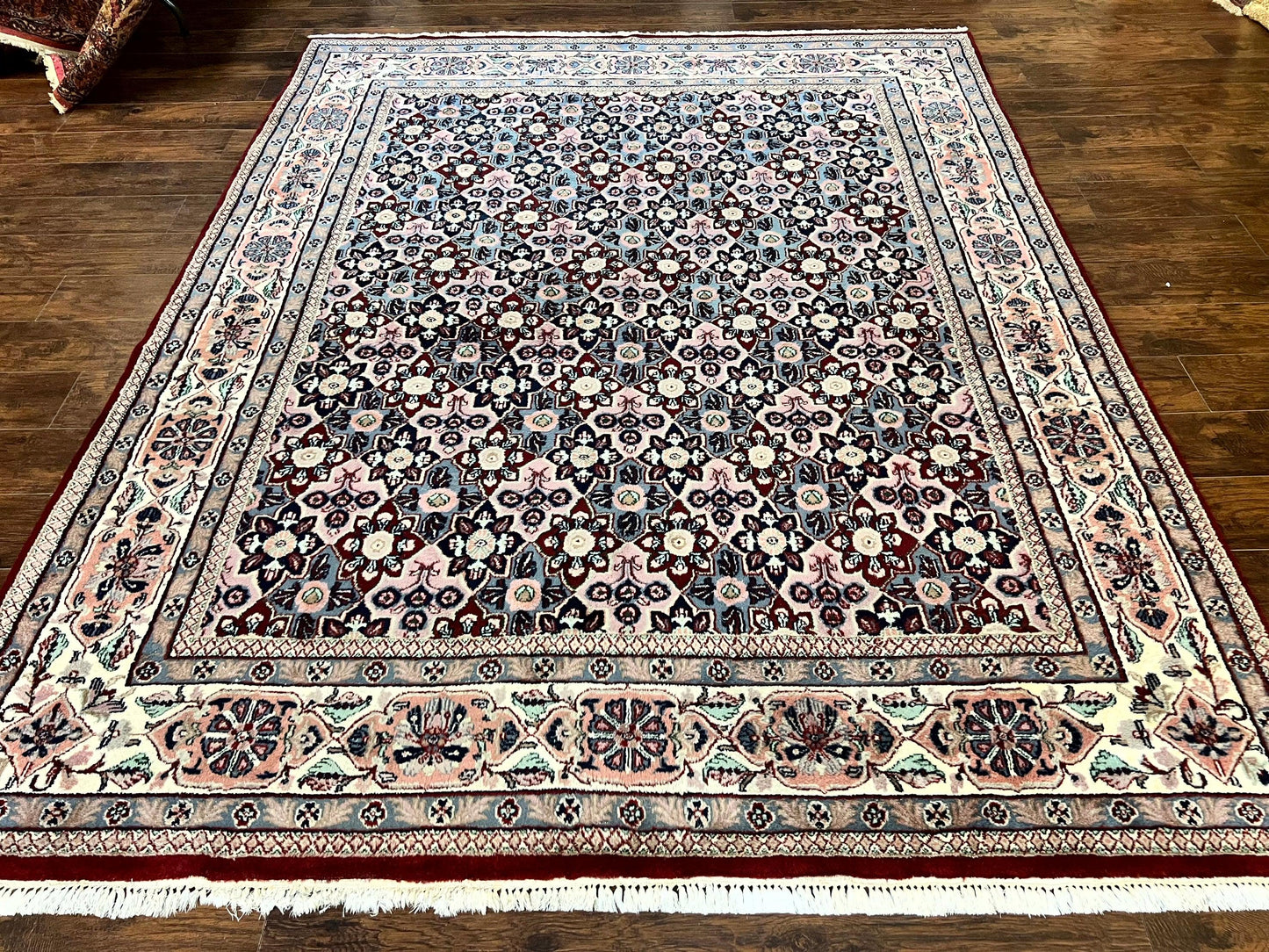 Indo Persian Rug 8x10 Handmade Vintage Wool Floral Allover Pattern Navy Ivory
