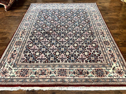 Indo Persian Rug 8x10 Handmade Vintage Wool Floral Allover Pattern Navy Ivory