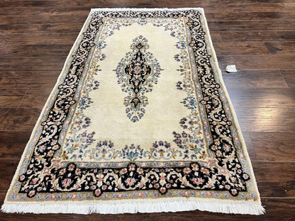 Persian Kirman Rug 4x7 Hand Knotted Wool Antique Carpet Beige Medallion Design