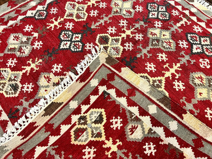 Indian Kilim Rug 6x6 Square Flatweave Wool Carpet Vintage Handmade Red