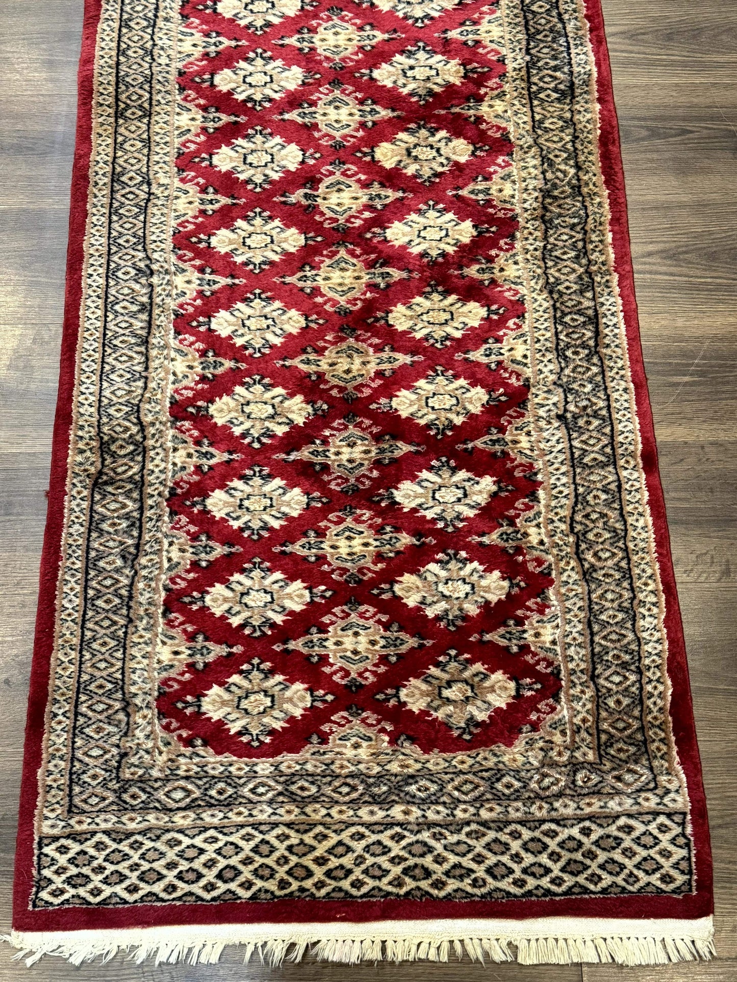Pakistani Runner Rug 2.8x7.6 Red Turkoman Bokhara Runner Vintage Hand Knotted Wool