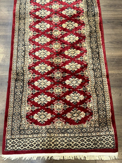 Pakistani Runner Rug 2.8x7.6 Red Turkoman Bokhara Runner Vintage Hand Knotted Wool