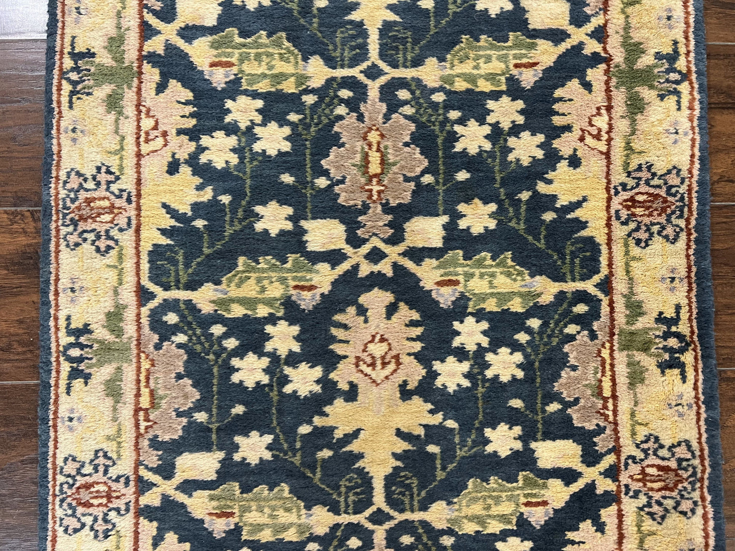 Indo Mahal Wool Hand Knotted Runner Rug 2.6 x 12 Navy Blue Beige Oriental Hallway Rug