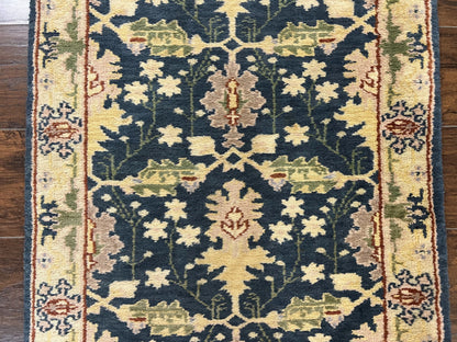 Indo Mahal Wool Hand Knotted Runner Rug 2.6 x 12 Navy Blue Beige Oriental Hallway Rug