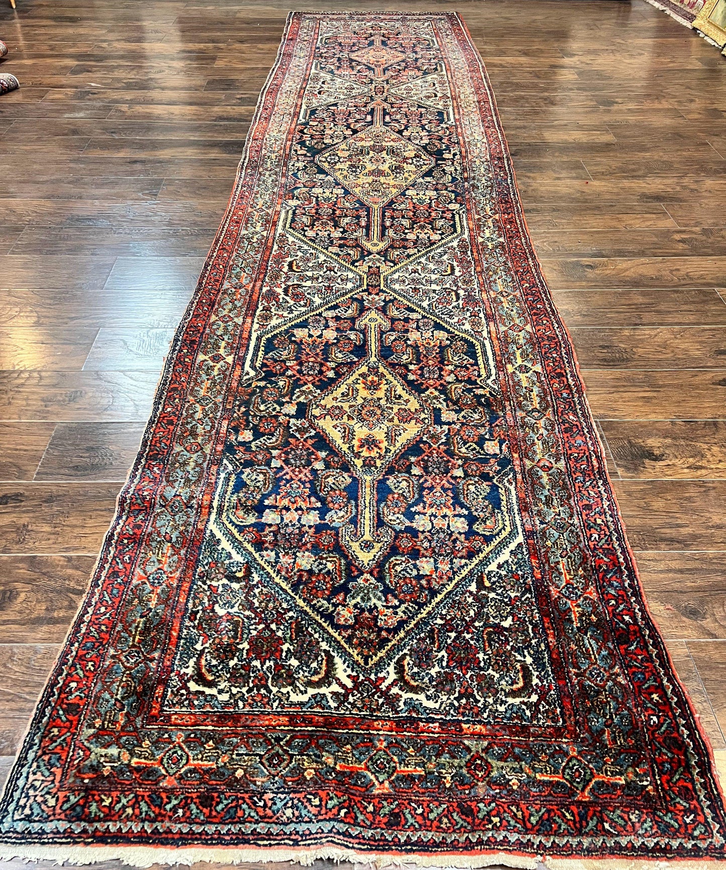 Persian Runner Rug Antique Hand Knotted Wool Geometric Medallions Hallway Decor