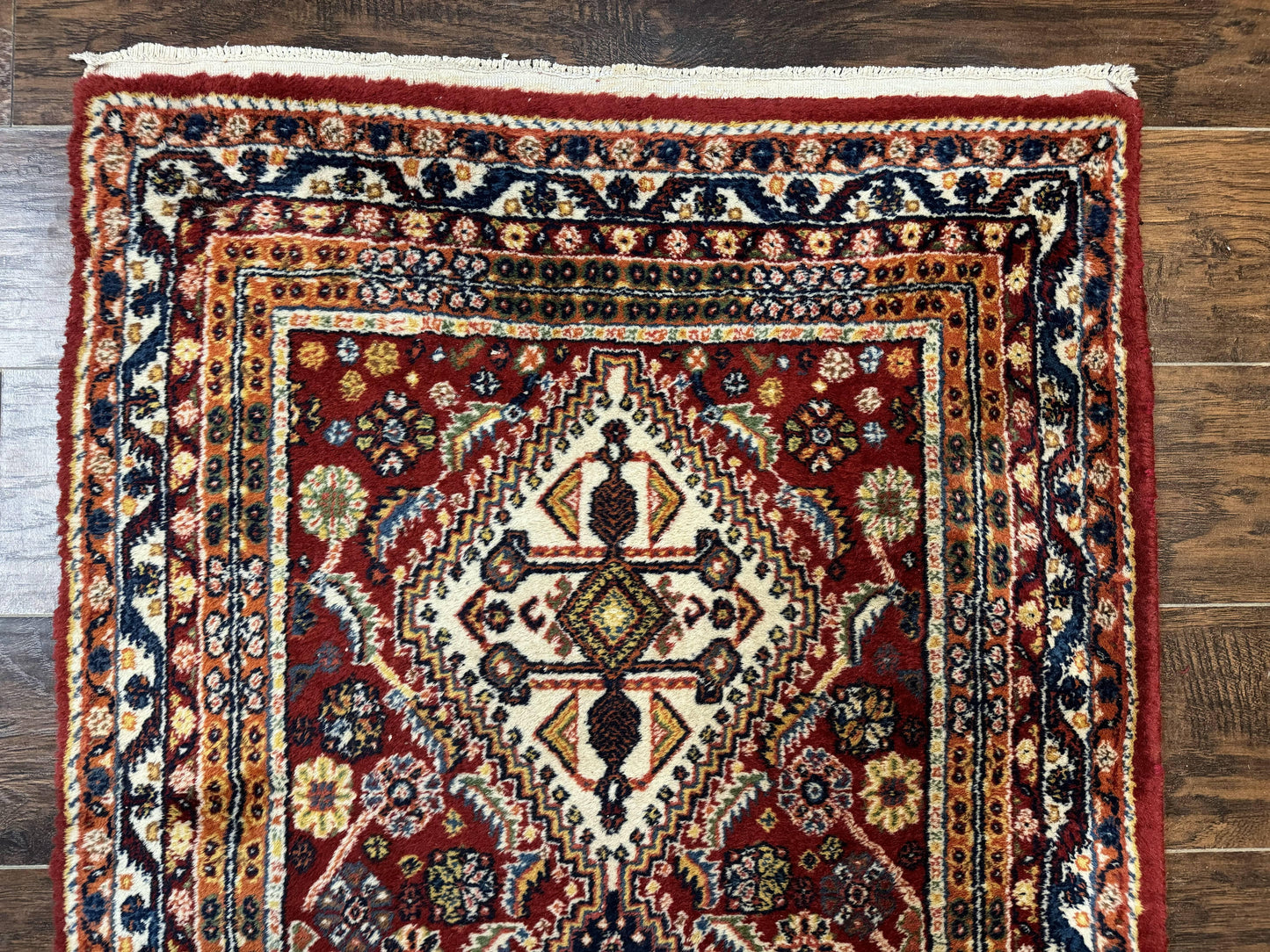 Persian Qashqai Runner Rug 3x13 Wool Hand Knotted Red Ivory Blue Geometric Medallions