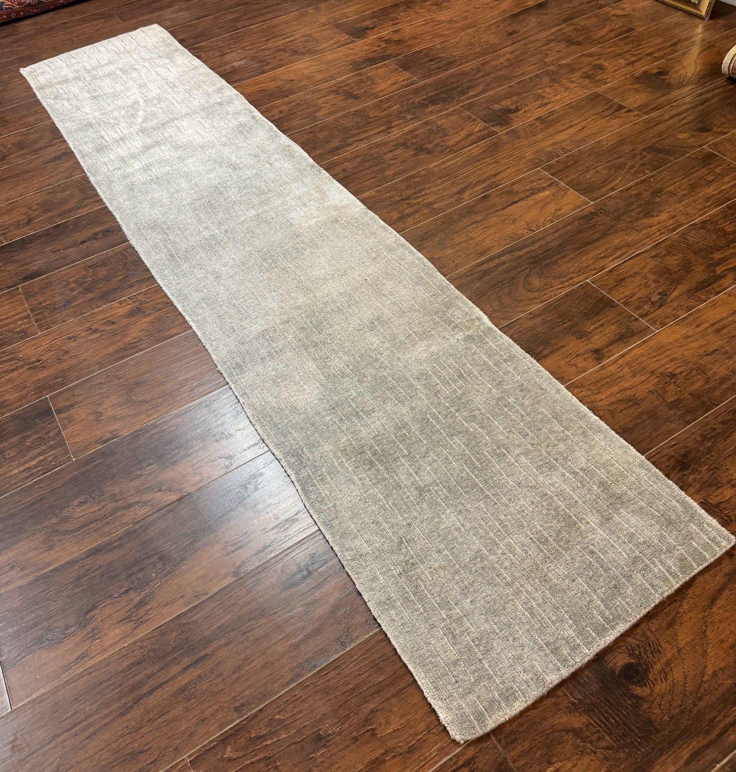 Tibetan Runner Rug Modern Wool And Silk Highlights Gray Silver Hallway Kitchen Narrow Runner
