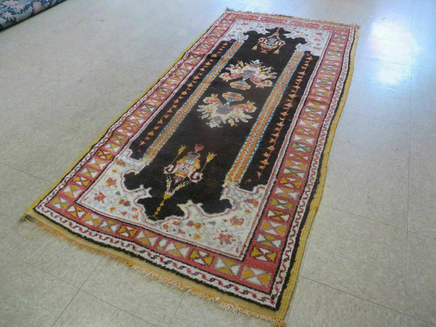 Moroccan Runner Rug 3x7 Hand Knotted Wool Double Mehrab Arches Black And Red Hallway Decor