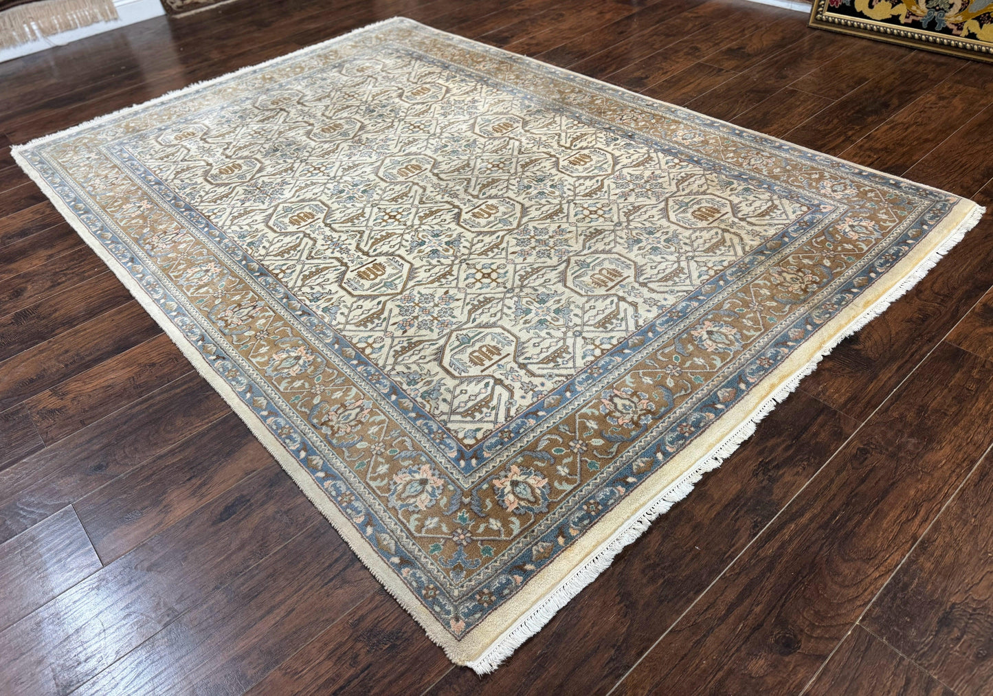 Indo Persian Rug 6x9 Beige Vintage Hand Knotted Wool Oriental Carpet