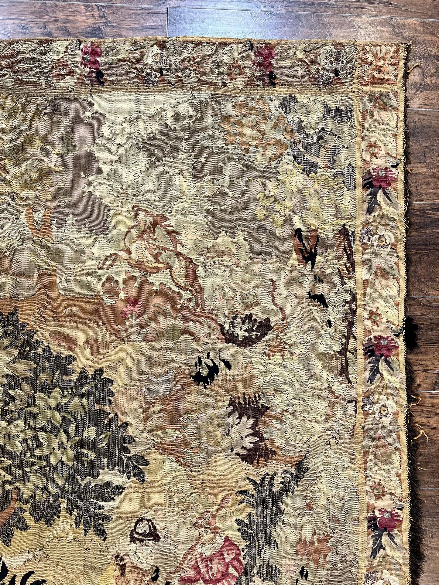 Antique French Tapestry 6x5 Ft Handwoven Wool Aubusson Weave Vintage