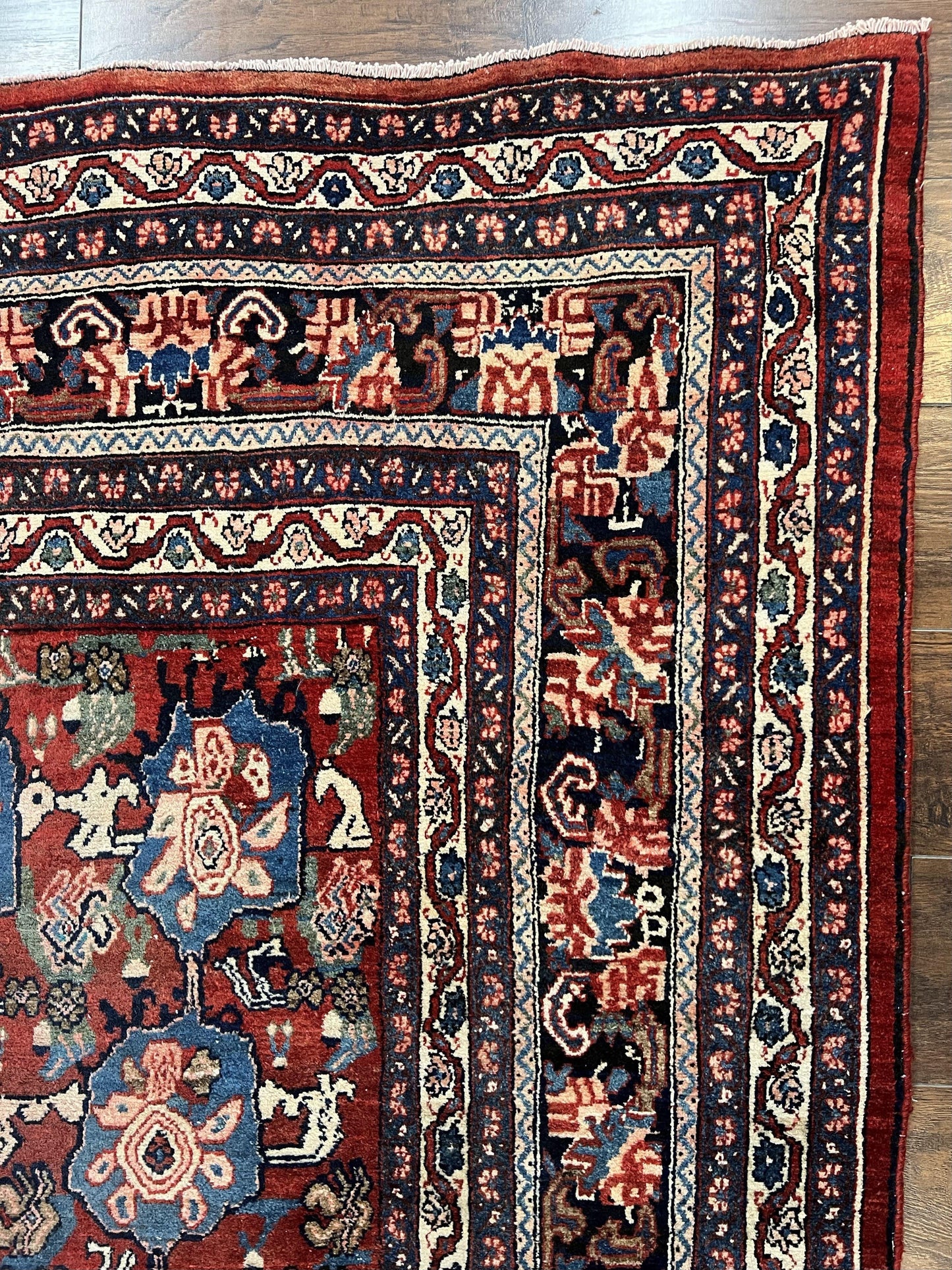 Antique Persian Bijar Rug 9x12 Allover Motif Red Blue Wool Handmade