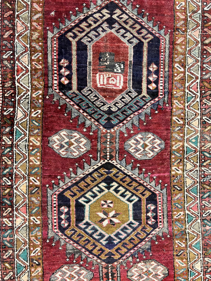 Persian Heriz Runner Rug 3.8 By 8.6 Hand Knotted Wool Geometric Triple Medallions Hallway Decor