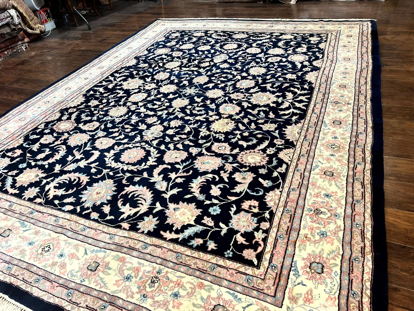Indo Persian Rug 9x12 Wool Handmade Floral Allover Navy Ivory Vintage Carpet