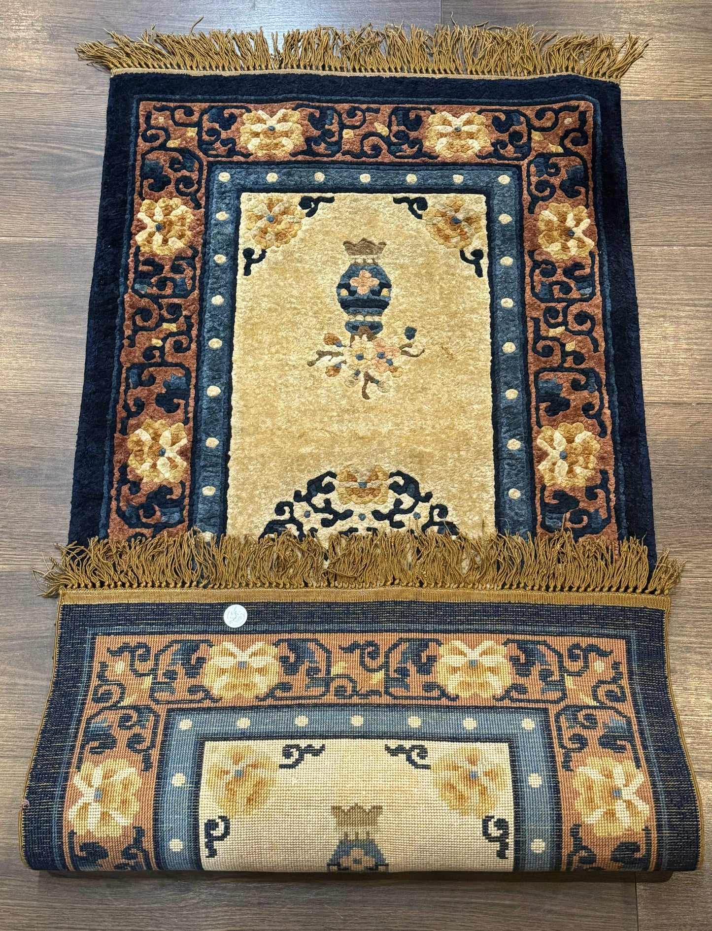 Silk Chinese Rug 2x4 Hand Knotted Peking Carpet In Golden Beige And Blue