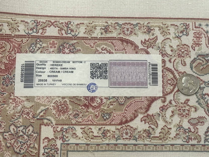 Turkish Silk Runner Rug 2.6x16.5 Ft Ivory Hunting Design Bamboo Silk New