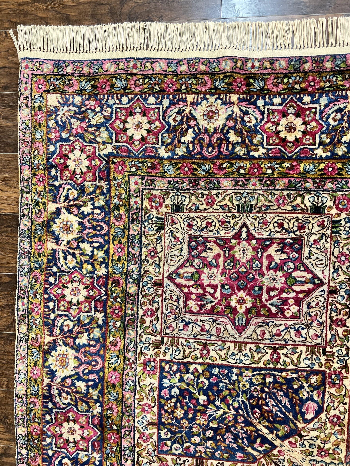 Persian Kirman Lavar Rug 8x9 Handmade Wool Carpet With Antique Floral Garden Panel Design