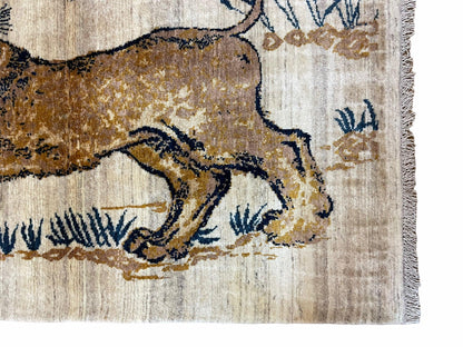 Handmade Wool Rug Hand Knotted Lion Vintage 3.5x4 New Organic Dyes